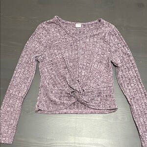 SHEIN Purple Ribbed Long Sleeve Blouse with Tie Front